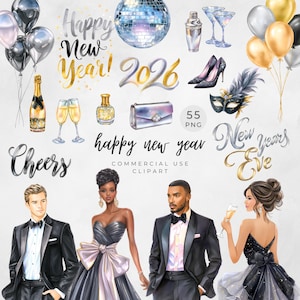 May include: A digital illustration with a New Year's Eve theme. It features a disco ball, champagne, balloons, high heels, a mask, and illustrations of people in formal attire. Text includes "Happy New Year! 2026" and "Cheers".