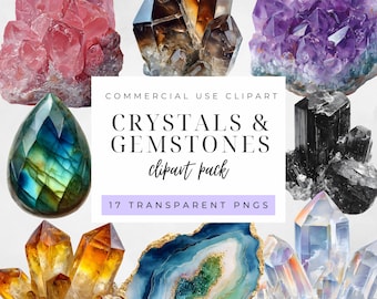 May include: A collection of various crystals and gemstones in shades of pink, brown, purple, green, yellow, blue, and clear. The image includes the text "CRYSTALS & GEMSTONES clipart pack" and "17 TRANSPARENT PNGS".