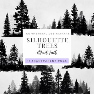 Silhouette Trees Clipart, Forest Trees PNG, Woodland Forest Graphics, Black and White Clip Art, Commercial Use Images
