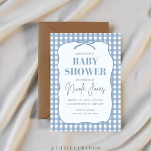 Blaue Gingham-Babyparty-Einladung | Bearbeitbare Canva Vorlage | Druckbare 5 x 7 Einladung | Sofort Download