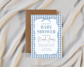 Blauwe gingang babyshoweruitnodiging | Bewerkbare canvassjabloon | Afdrukbare uitnodiging van 5 x 7 | Direct downloaden