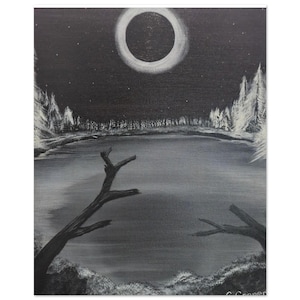 May include: Monochrome landscape painting of a night scene with a lake, trees, and a bright ring in the sky. The artwork has a dark, atmospheric feel, highlighting the contrast between light and shadow. Bare tree branches are in the foreground, adding depth.