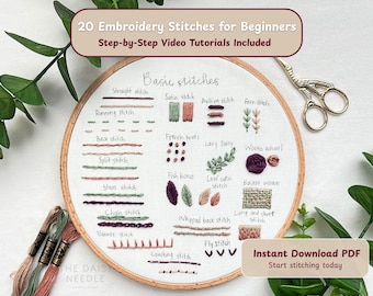 Beginner Hand Embroidery Pattern: 20 Basic Stitches + Video Guide, Digital Download, DIY Stitch Sampler, Learn Embroidery, Beginner Friendly