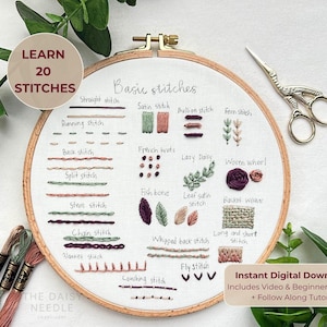 Motif de broderie à la main pour débutant : 20 points de base + guide vidéo, téléchargement numérique, échantillonneur de point bricolage, apprentissage de la broderie, adapté aux débutants