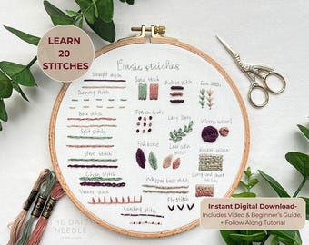 Beginner Hand Embroidery Pattern: 20 Basic Stitches + Video Guide, Digital Download, DIY Stitch Sampler, Learn Embroidery, Beginner Friendly