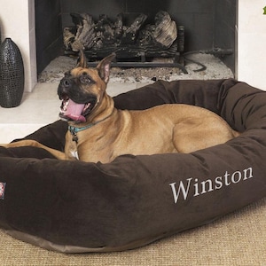 Majestic Pet Personalized Bagel Dog Bed - Machine Washable - Soft Comfortable Sleeping Mat - Durable Supportive Cushion Custom Embroidered - Available Replacement Covers - Small Grey Brown