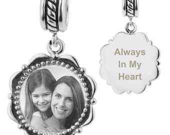 Personalized Sterling Silver Photo Charm: Engraved Flower Frame Bead