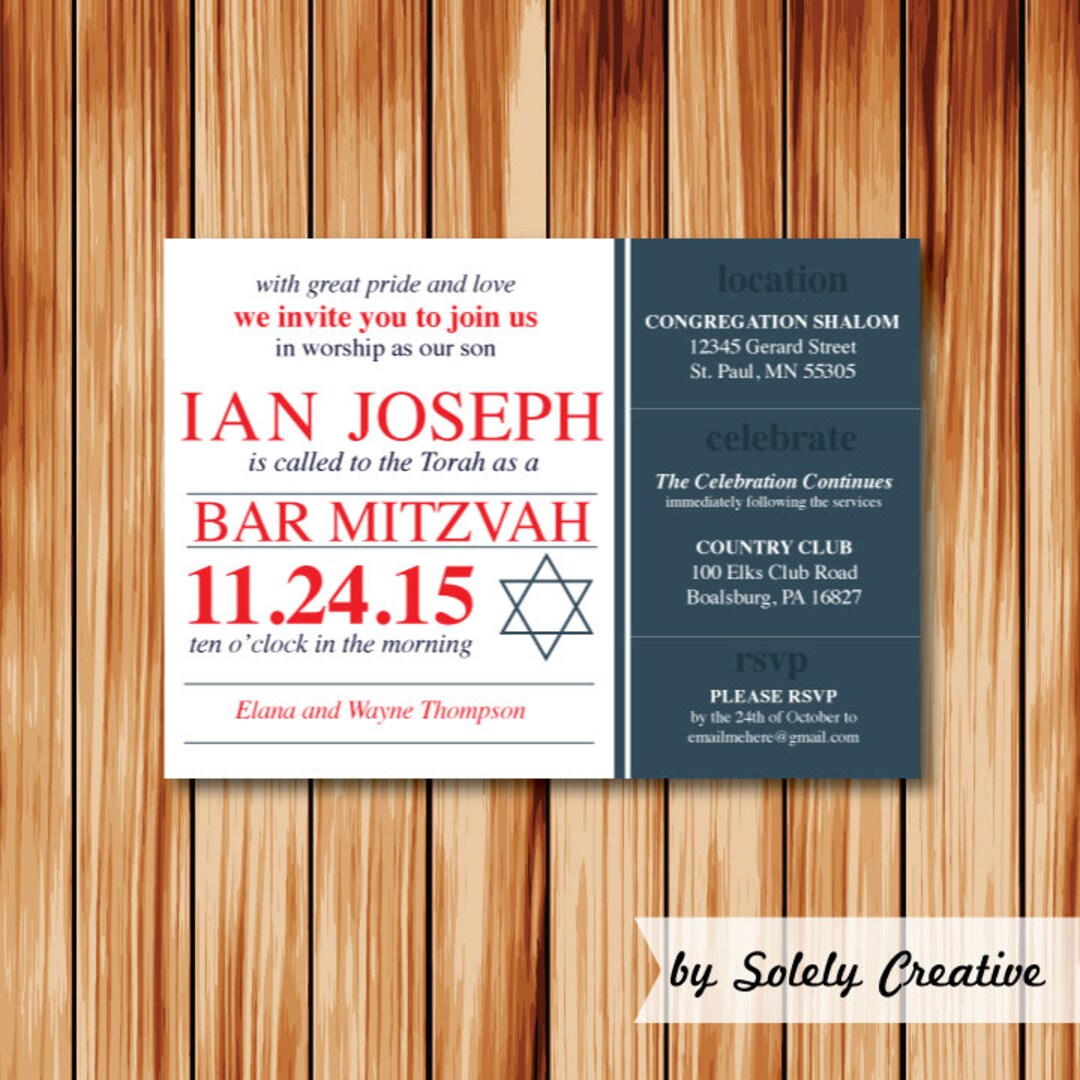 INVITATION Red & Slate Bar Mitzvah customizable Digital or Etsy