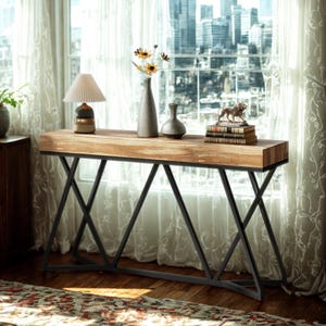 55″ Industrial Farmhouse Console Table  Rustic Wood Entryway Table, Metal Frame Accent Table, Narrow Sofa Table for Hallway & Foyer