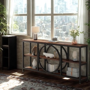 70.9″ Industrial Console Table, Storage Shelves – Rustic Wood & Black Metal Sofa Table for Entry, Hallway,  Living Room
