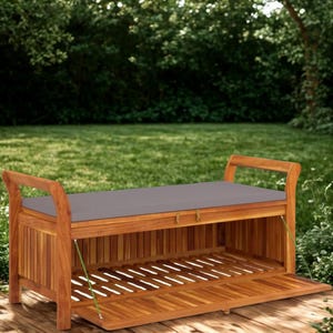 Storage Bench with Cushion Outdoor – Solid Wood Acacia Patio Deck Box for Garden, Balcony, Porch & Pool Yard Seat, Modern Style Storage box