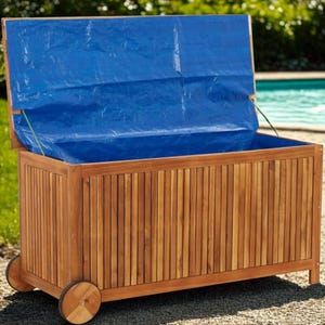 Storage Box with Wheels Acacia Wood Patio - Outdoor/Indoor Cushion Organizer, Garden Furniture Chest, Retro Brown, Spacious Outdoor Garden