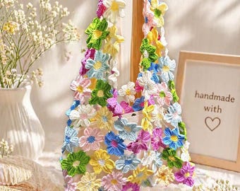 Handmade Crochet Flower Tote – Pastel Daisy Beach Bag, Boho Summer Shoulder Bag, Open Mesh Market Tote