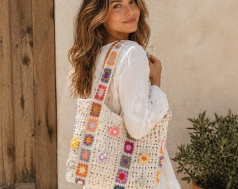 Handmade Crochet Tote Bag – Floral Granny Square Beach Bag, Boho Summer Shoulder Bag, Lightweight Handmade Tote