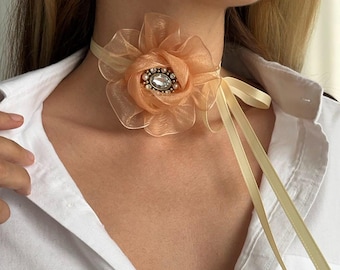 Peach Organza Flower Choker – Elegant Ribbon Jewelry
