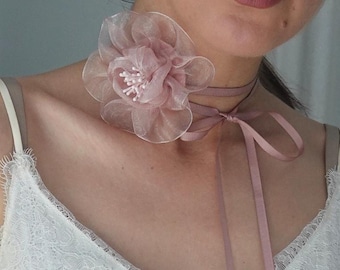 Dusty Rose Organza Flower Choker: Romantic Ribbon Tie Necklace