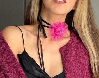Pink Organza Flower Choker: Romantic Ribbon Tie Necklace, Gift for Her
