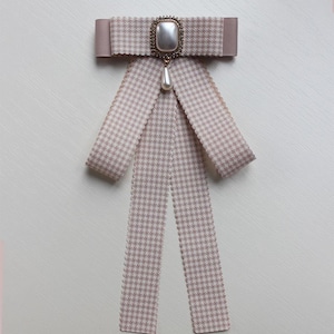 Plaid Bow Tie Brooch: Handmade Ribbon Pin with Pearl