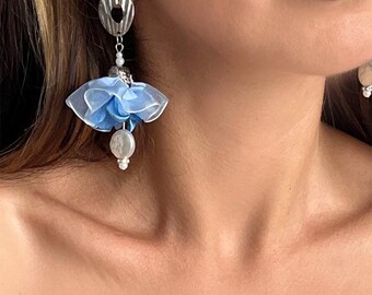 Handmade Pearl Drop Earrings: Satin Organza Statement - Silver Accents
