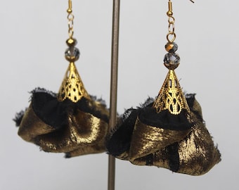 Handmade Black Gold Rose Earrings: Lightweight Fabric Flower Dangles
