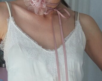 Dusty rose Flower Organza Choker – Lightweight Romantic Handmade Necklace with Ribbon Tie, Soft Backing, Summer Accessory