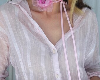 Pink Flower Organza Choker – Lightweight Romantic Handmade Necklace with Ribbon Tie, Soft Backing, Summer Accessory