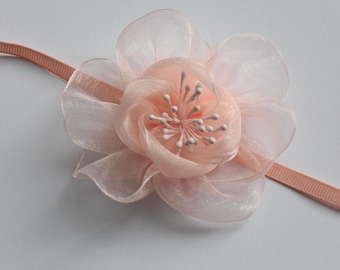 Peach Flower Organza Choker – Lightweight Romantic Handmade Necklace with Ribbon Tie, Soft Backing, Summer Accessory
