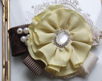 Handmade Yellow Satin Flower Brooch: Vintage Lace & Pearl Pin