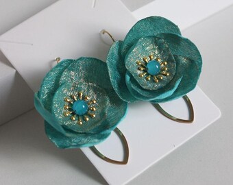 Turquoise Fabric Dangle Earrings: Gold Thread & Gemstone Boho Jewelry