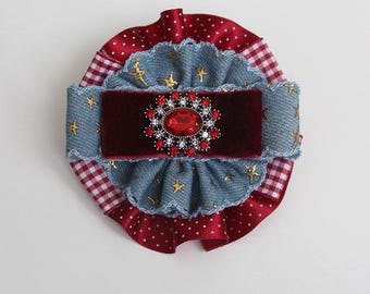 Red Denim Brooch with Red stone - Polka dot, checked print Brooch – Handmade Statement Bow Pin - Red brooch with denim