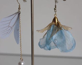 Turquoise Dangle Earrings – Handmade Fabric Earrings with Gold Threads and Gemstone Center – Lightweight Boho Chic Statement Jewelry
