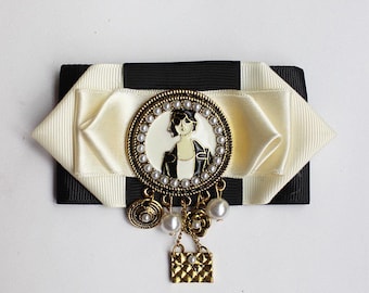 Handmade Ribbon Brooch: Ecru & Black, Woman Portrait, Vintage Charms