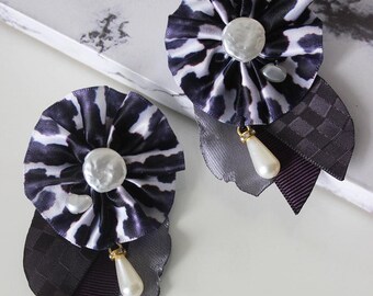 Satin Earrings with Animal Print – Dark Violet & White with Pearl Details and Gold Accents