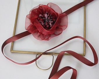 Handmade Red Flower Organza Choker – Lightweight Romantic Handmade Necklace with Ribbon Tie, Soft Backing, Romantic Gift for Her