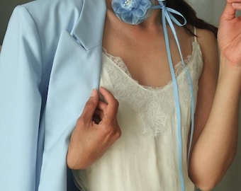 Soft Blue Flower Organza Choker – Lightweight Romantic Handmade Necklace with Ribbon Tie, Soft Backing, Summer Accessory