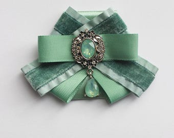 Handmade Stylish Brooch – Soft Green Satin and Velvet Brooch - Modern Pin with Metallic Accents – Timeless Elegant Accessory for Women