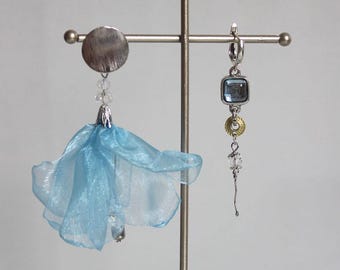 Asymmetrical Blue Organza Earrings – Handmade Silver Statement Earrings – Lightweight Gift for Her