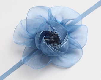 Blue Flower Organza Choker – Lightweight Romantic Handmade Necklace with Ribbon Tie, Soft Backing, Summer Accessory