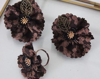 Handmade Fabric Jewelry Set | Brown Floral Earrings & Adjustable Ring | Textured Fabric Accessories | Statement Jewelry | Gift for Her