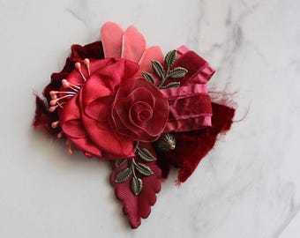 Velvet Floral Statement Brooch – Handmade Organza & Satin Layered Pin with Antique Bronze Details | Elegant Designer Jewelry Gift