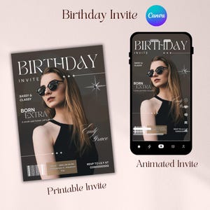 Magazin Cover Geburtstagseinladung – Animierte Geburtstagseinladung – Druckbare Partykarte im Vogue-Stil – Benutzerdefinierte digitale Geburtstagsvorlage