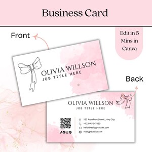 Business Card Template | Editable Canva Bow Design | Feminine Minimalist Visiting Card for Women Entrepreneurs | Elegant Coquette Pink Bow