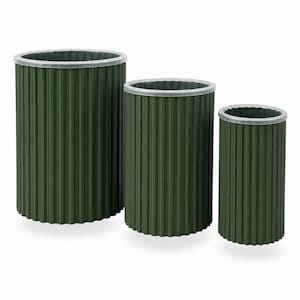 May include: A set of three cylindrical containers in varying heights, each featuring a dark olive green exterior with a vertical ribbed texture and a smooth, metallic silver-toned rim at the top opening. The containers are arranged in a row.