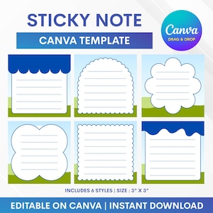 Puede incluir: Una plantilla digital de Canva con seis diseños distintos de notas adhesivas con áreas de escritura blancas, líneas punteadas y detalles azules. El texto dice STICKY NOTE CANVA TEMPLATE, INCLUDES 6 STYLES | SIZE : 3" X 3" y EDITABLE ON CANVA | INSTANT DOWNLOAD.