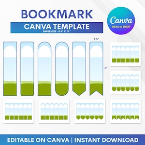 May include: A digital bookmark template with a blue and green design. The template includes various bookmark shapes, with a paper size of 8.5" x 11". The Canva logo is visible, with the text "Drag & Drop". The text "Editable on Canva | Instant Download" is also present.