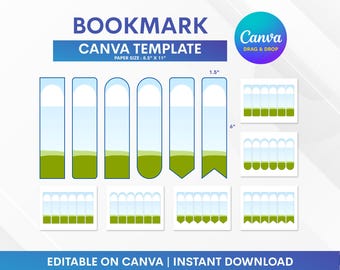 May include: A digital bookmark template with a blue and green design. The template includes various bookmark shapes, with a paper size of 8.5" x 11". The Canva logo is visible, with the text "Drag & Drop". The text "Editable on Canva | Instant Download" is also present.