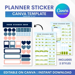 Può includere: Un modello Canva di adesivi per planner con un formato carta di 10,16 cm x 15,24 cm. Il design include vari adesivi in blu, rosa e bianco, con il testo "YOUR STICKER SHOP". L'immagine include anche il logo Canva e il testo "INCLUDES 2 STYLES".
