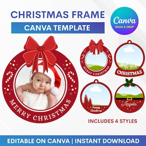 以下が含まれることがあります： 赤と白のデザインのクリスマスをテーマにしたCanvaテンプレート。テンプレートには、サンタの帽子をかぶった赤ちゃん、キャンディケイン、テキスト「MERRY CHRISTMAS」で囲まれた円形のフレームが含まれています。テキスト「INCLUDES 4 STYLES」で追加のスタイルが表示されます。
