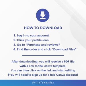 Pode incluir: Gr&aacute;fico branco e azul com o texto "HOW TO DOWNLOAD" e etapas numeradas para baixar um arquivo. As etapas incluem login, clicar no &iacute;cone do perfil, ir para compras e baixar arquivos. O texto "DollieTemplates" tamb&eacute;m est&aacute; inclu&iacute;do.
