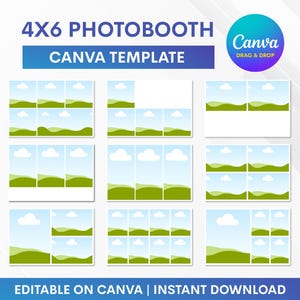 Könnte beinhalten: Eine digitale Vorlage für eine 4x6-Fotobox mit einem Rasterlayout und Landschafts- und Himmelsgrafiken. Das Design enthält den Text "4x6 Photo Booth Canva Template" und "Canva Drag & Drop". Die Vorlage ist auf Canva bearbeitbar und steht zum sofortigen Download bereit.